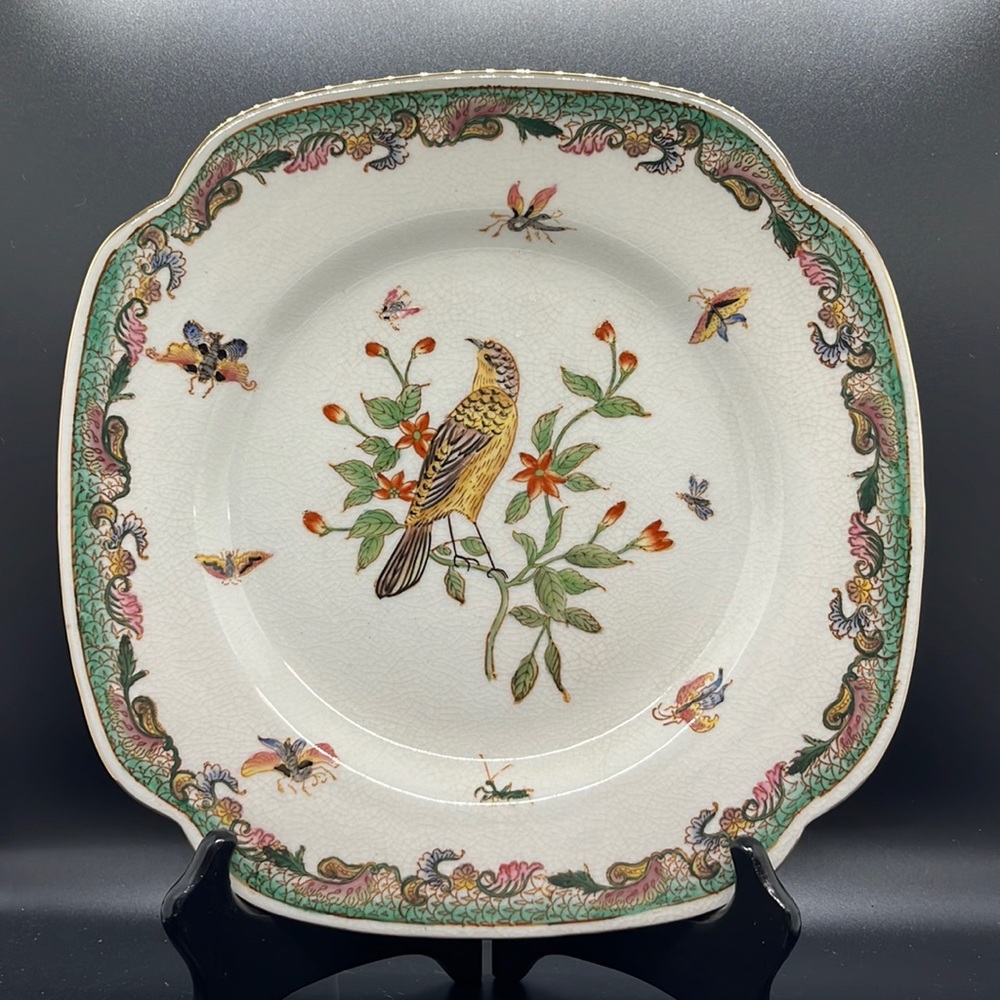 Beautiful Bird and Insect Decorative Square Plate with Antique Crackle Finish